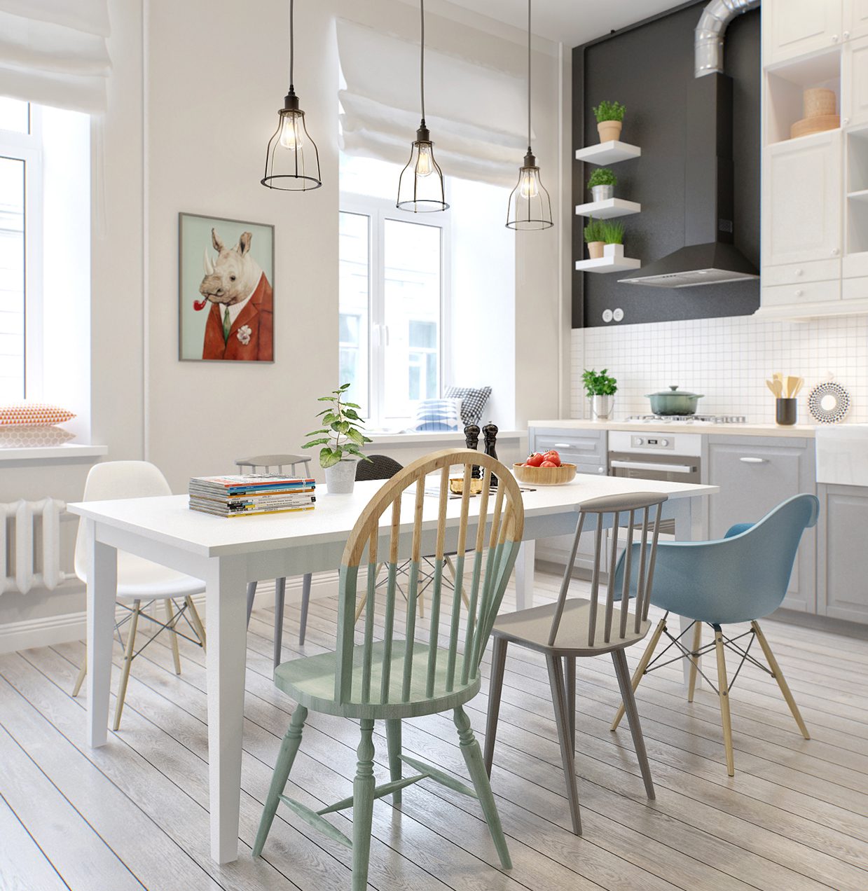 Scandinavian Dining Room with Unique Chair Designs