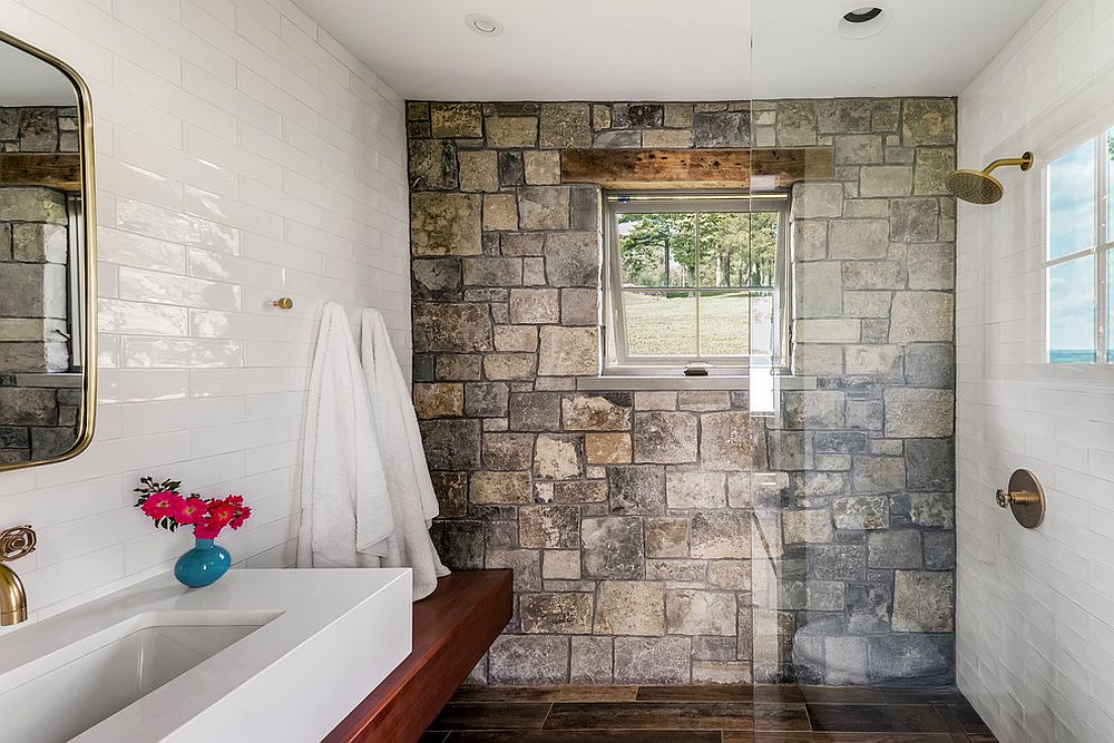 Rustic Bathroom With Tile Walls