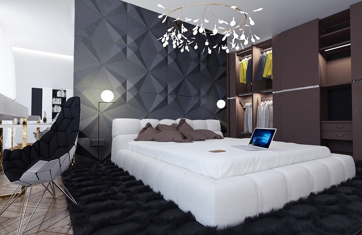 Gray Bedroom with Geometric Headboard
