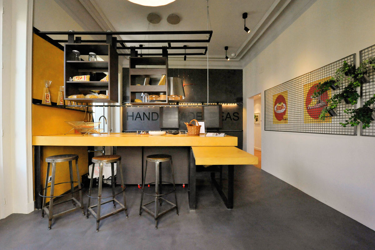 Industrial Kitchen with Delightful Color Accents