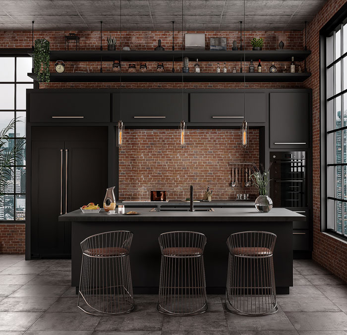 Black Cabinets with Brick Walls