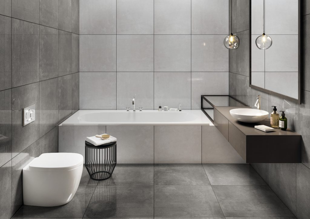 Contemporary Bathroom with Tile Walls