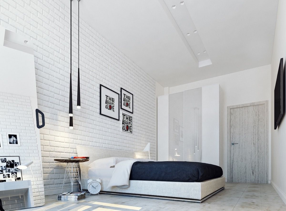White Bedroom with Brick Wall
