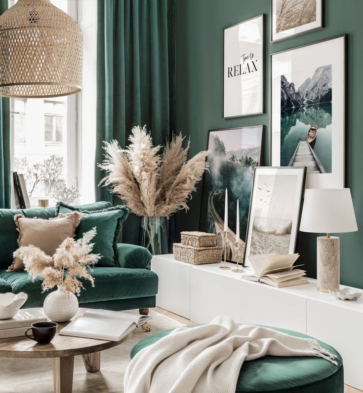 Beige and Dark Green Living Room