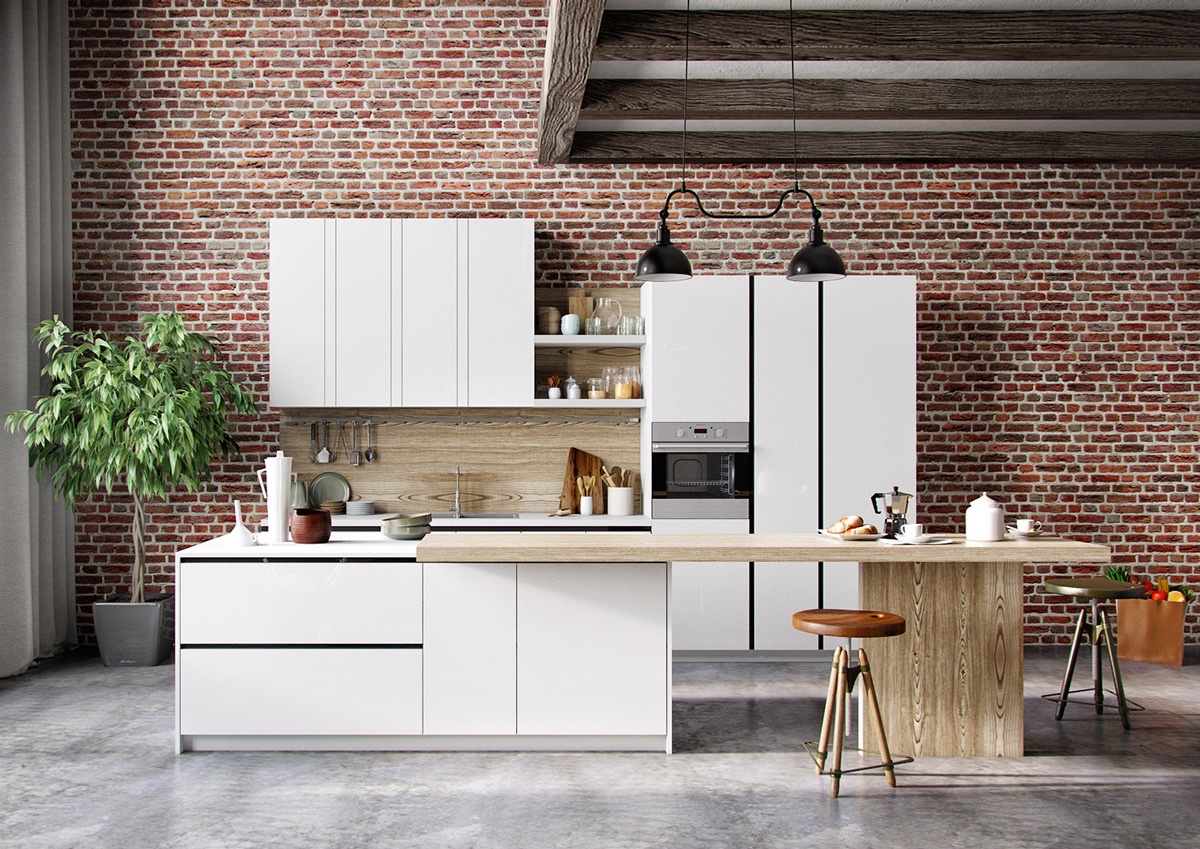 Modern White Kitchen with Brick Wall