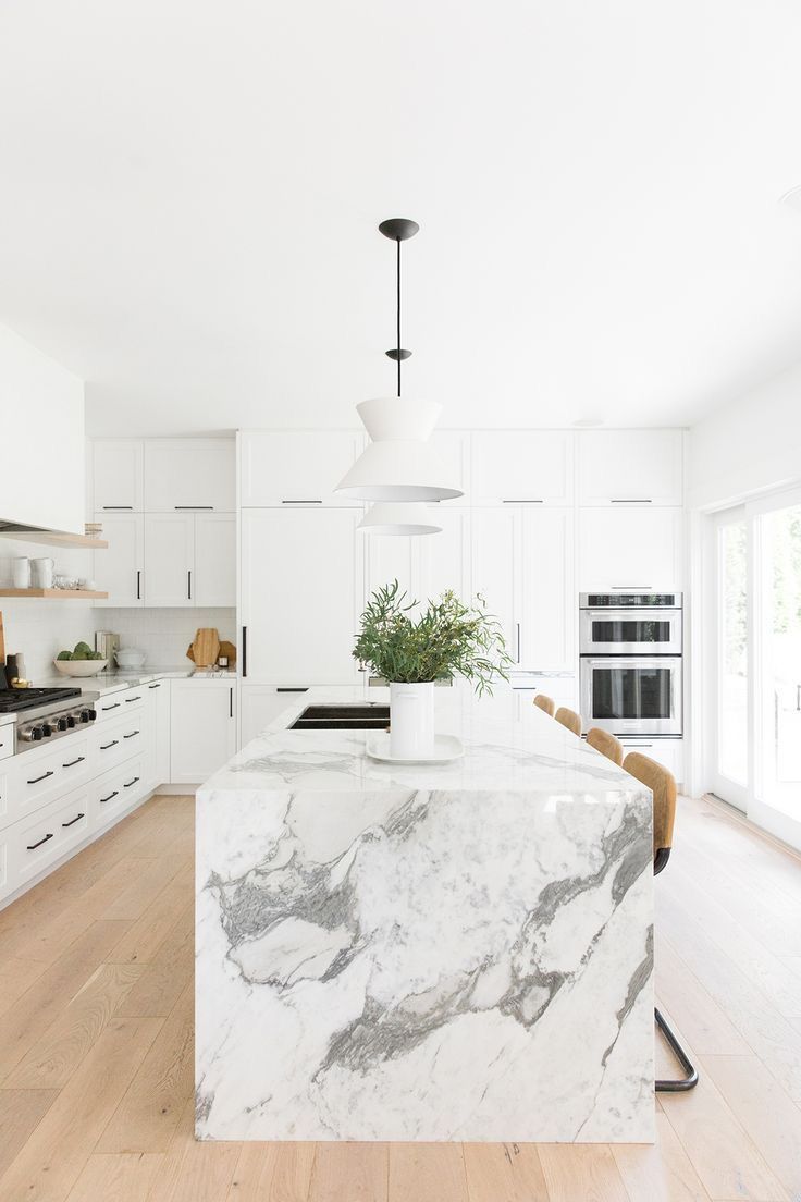 Modern White Kitchen with Island Marble