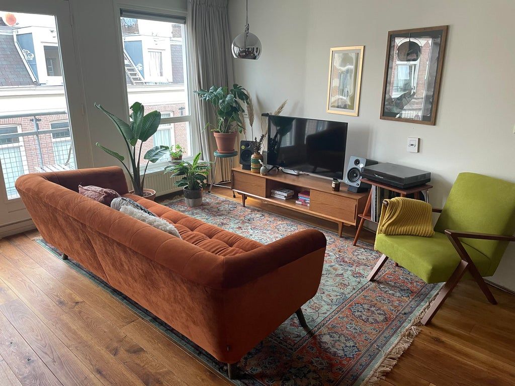 Mid Century Living Room with the Velvet Upholstery Sofa