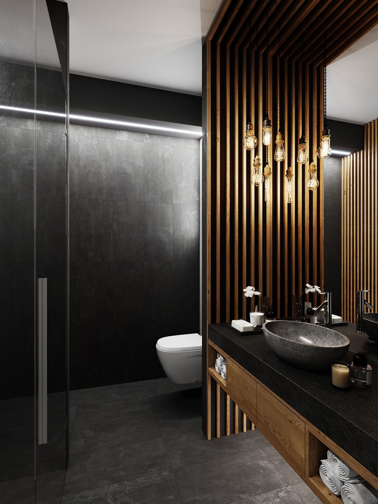 Wooden Bathroom Partition with Vertical Lattices