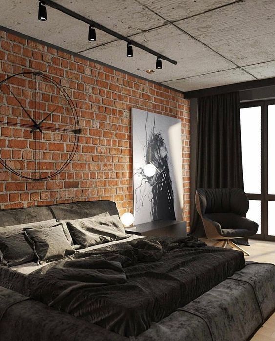 Industrial Bedroom with An Exposed Brick Wall