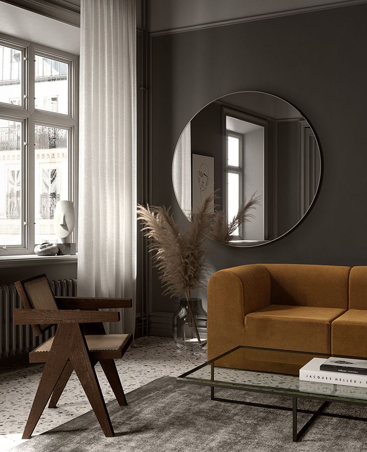 Contemporary Dark Gray Living Room With A Chic Mirror