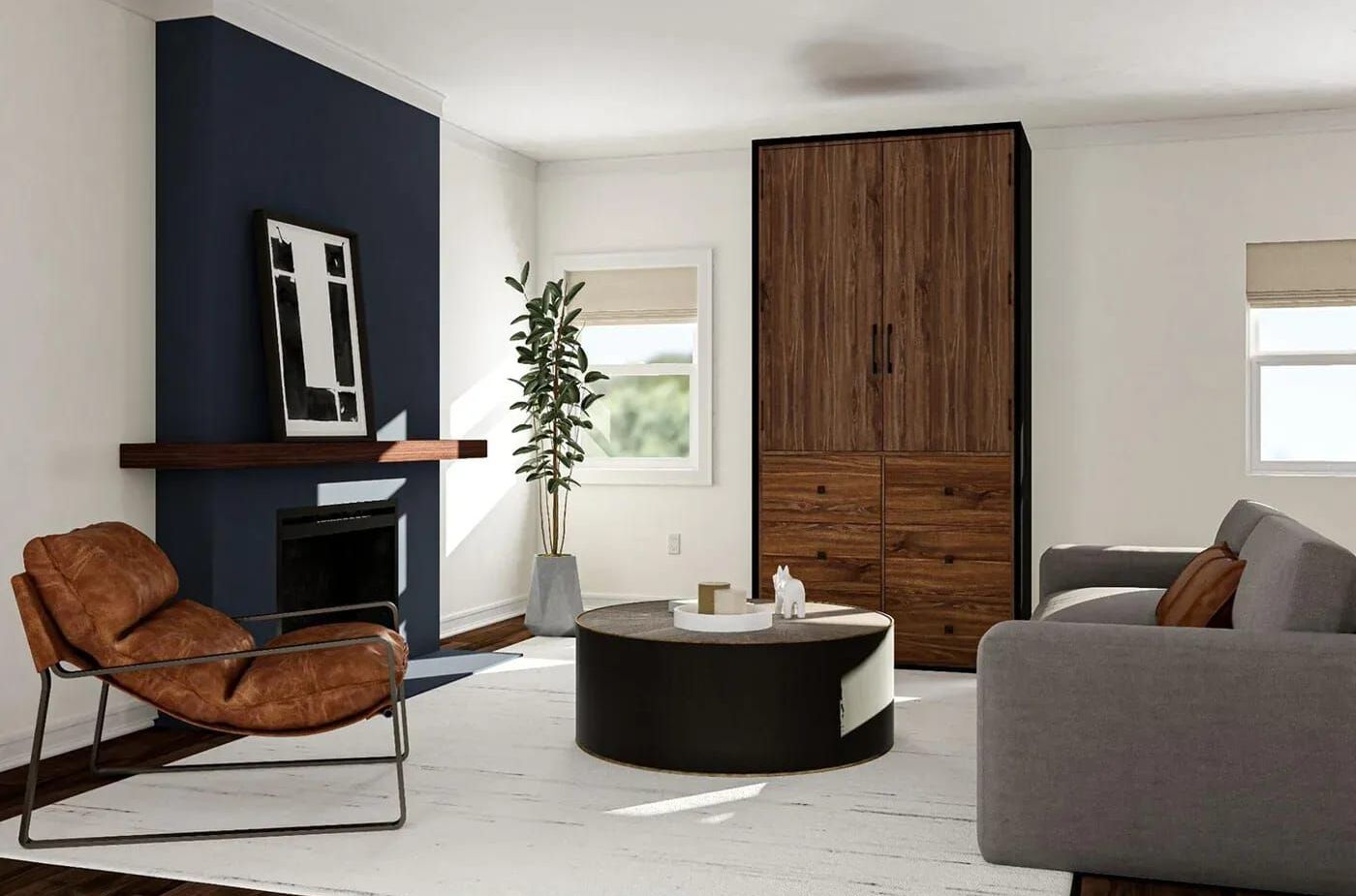 Stylish Contemporary Living Room With A Wood Cupboard