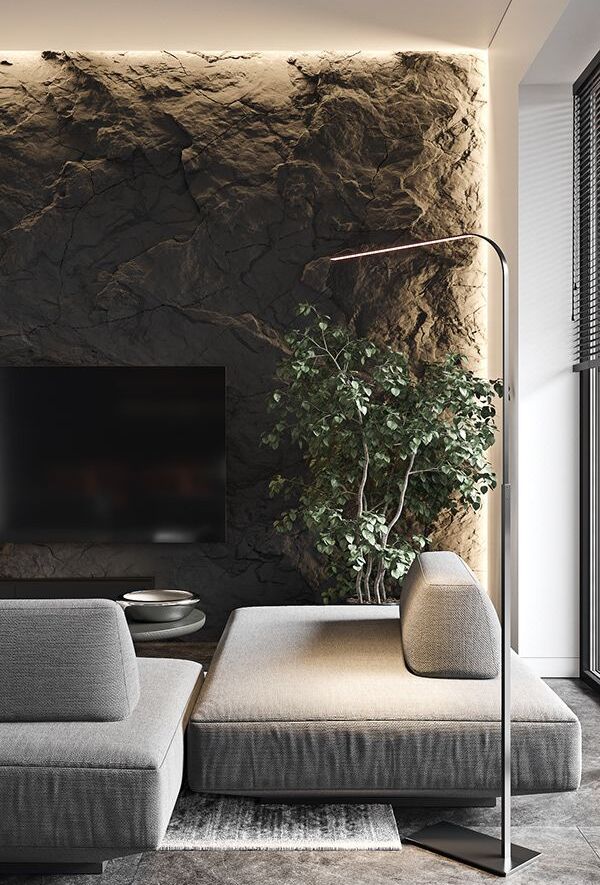 Stone Wall Accent for A Dramatic Living Room
