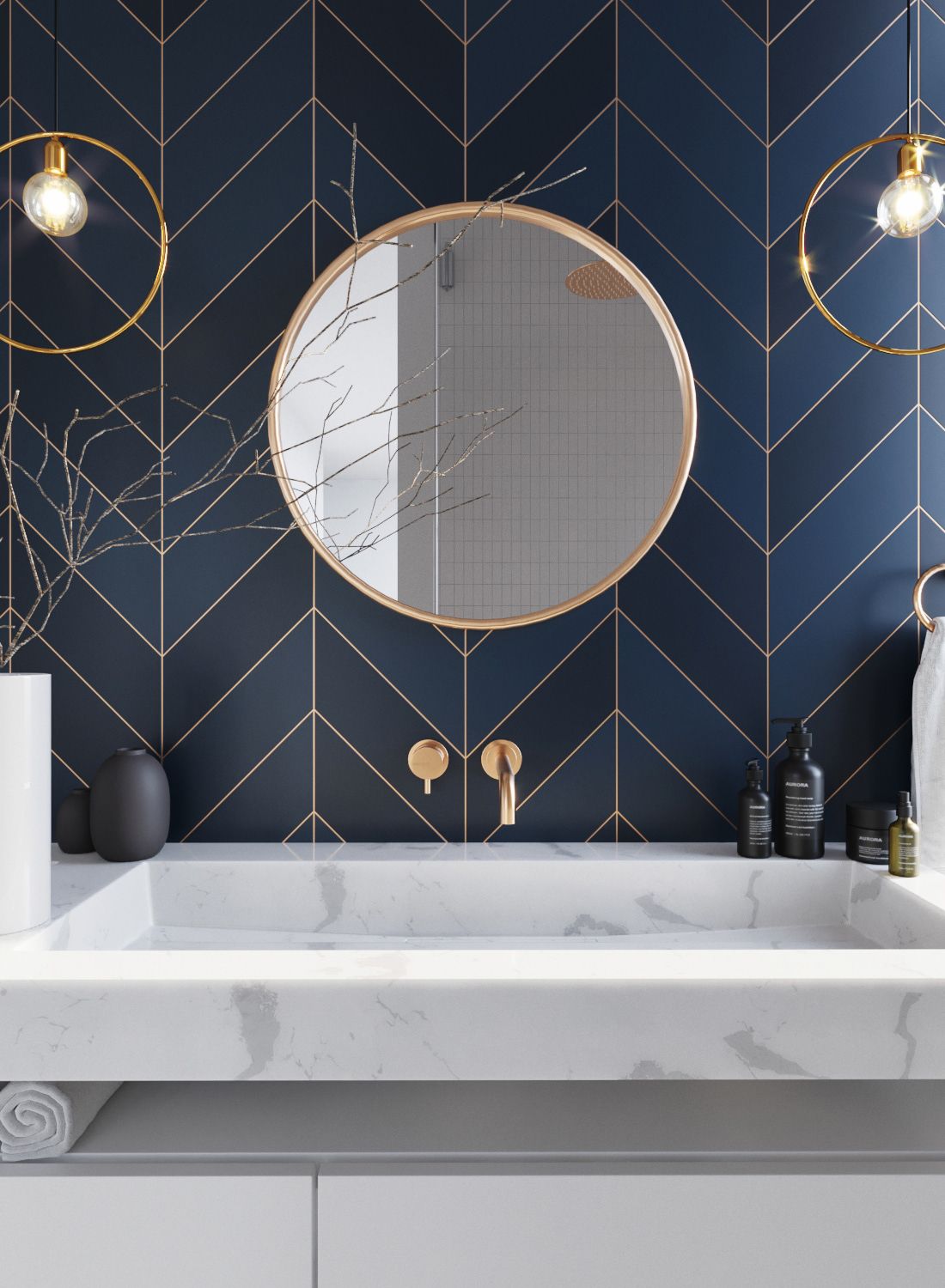 Bathroom Blue Tiles with Golden Lines