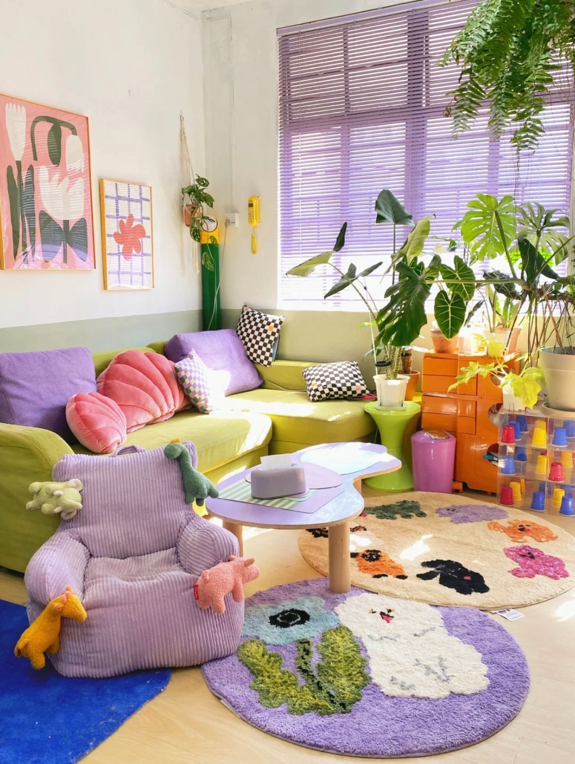 Cheerful Atmosphere with Green and Purple Accents