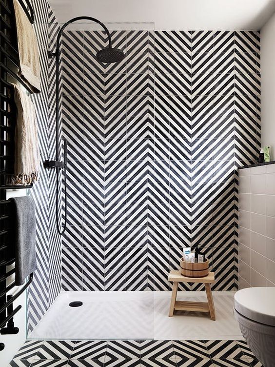 Shower Room Tiles with Monochrome Herringbone