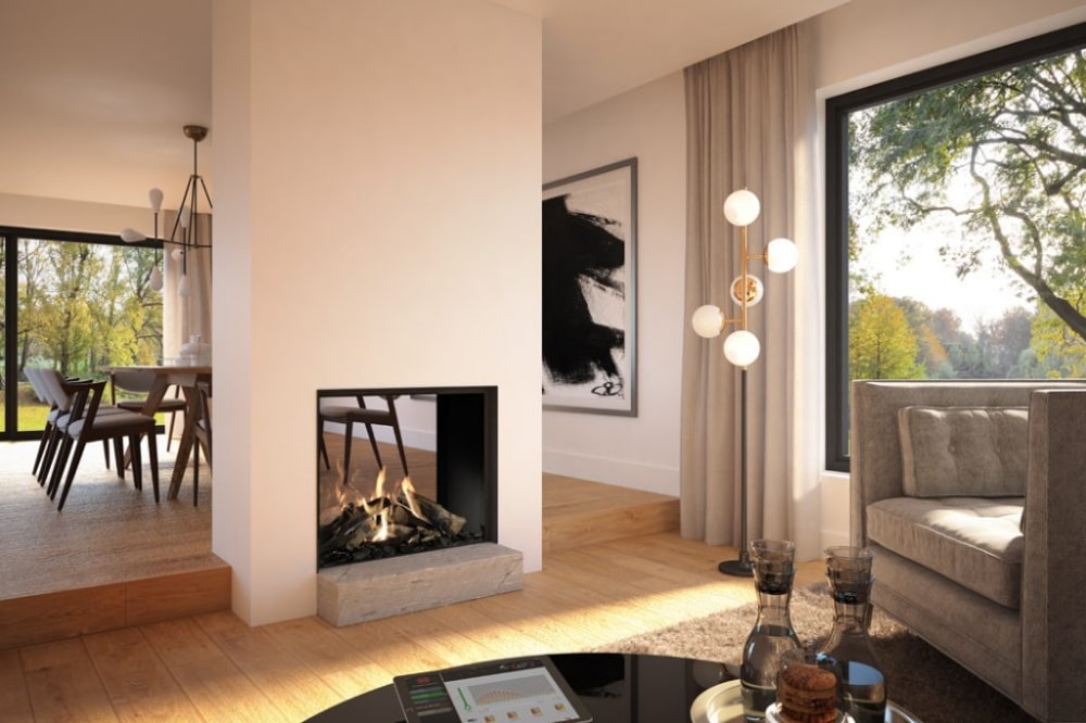 Double Sided & Tunnel Fireplaces in Art Deco Living Room