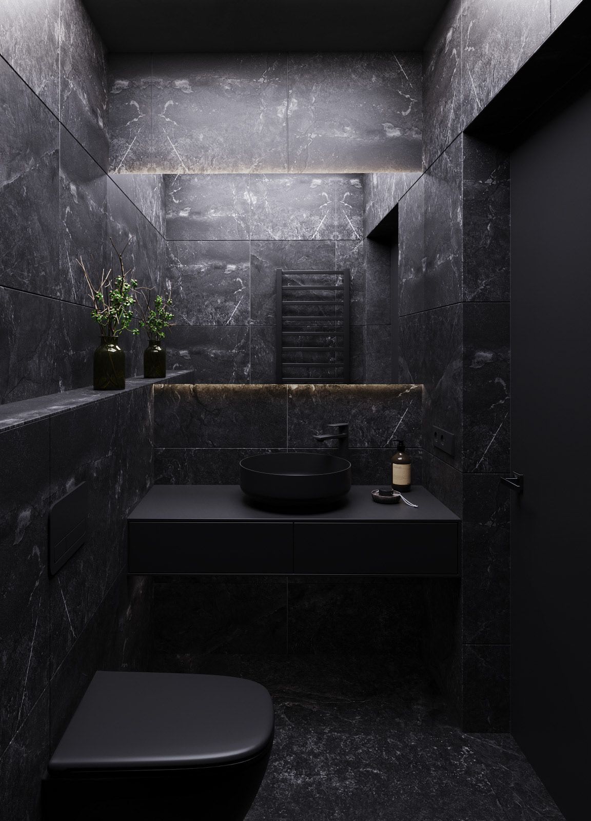 Black Marble Tiles and Metallic Accents