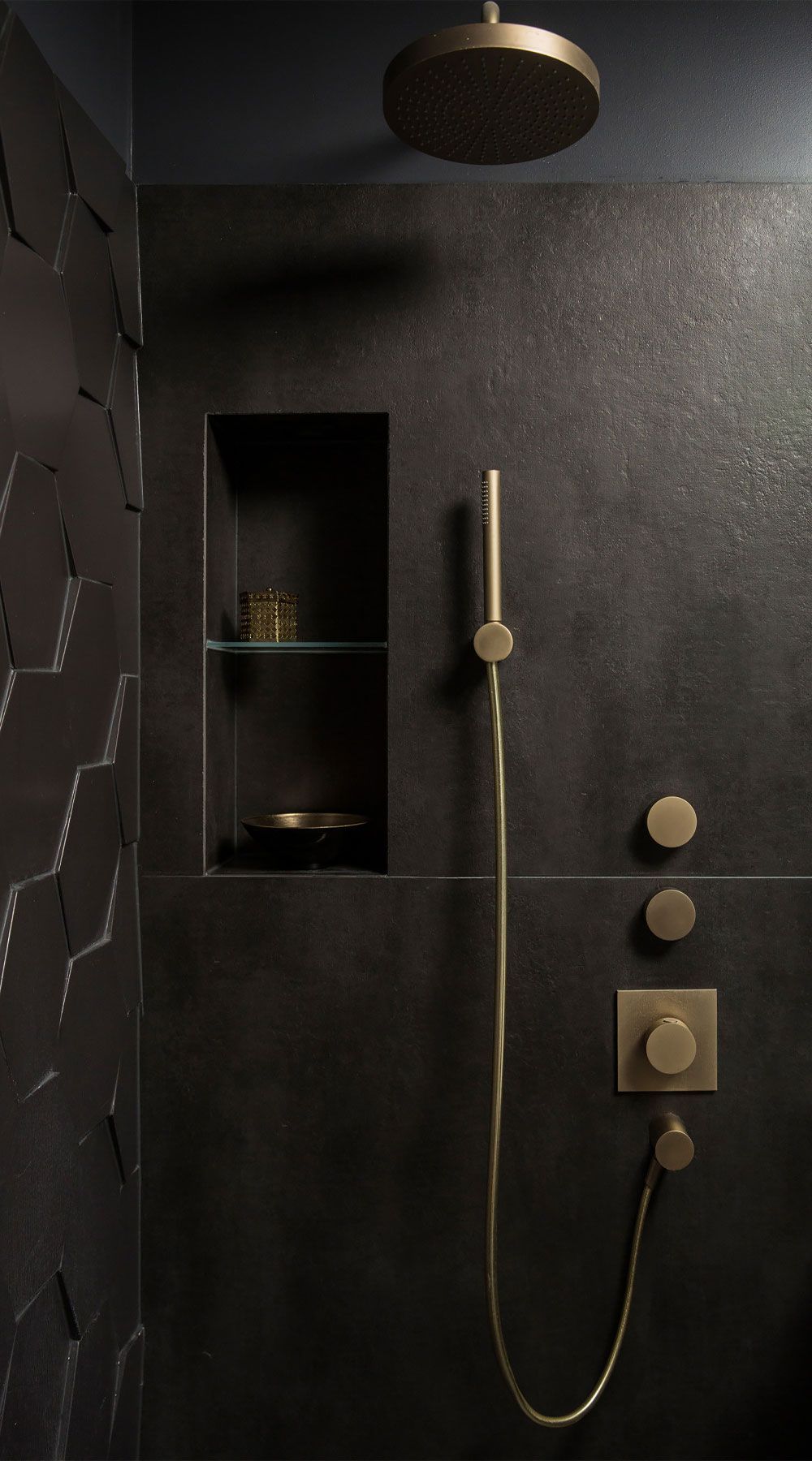 Stylish Black Bathroom with Golden Accents