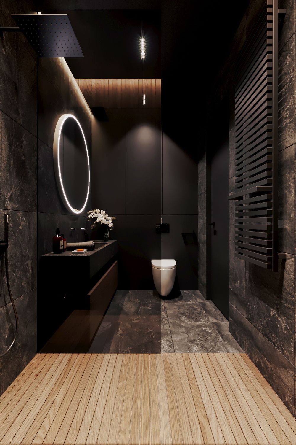 Black Bathroom and Wood Accents