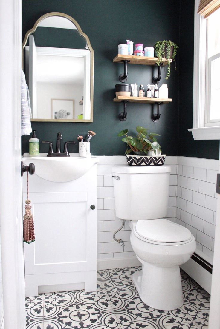 Dark Green Bathroom Wall and Eccentric Floor