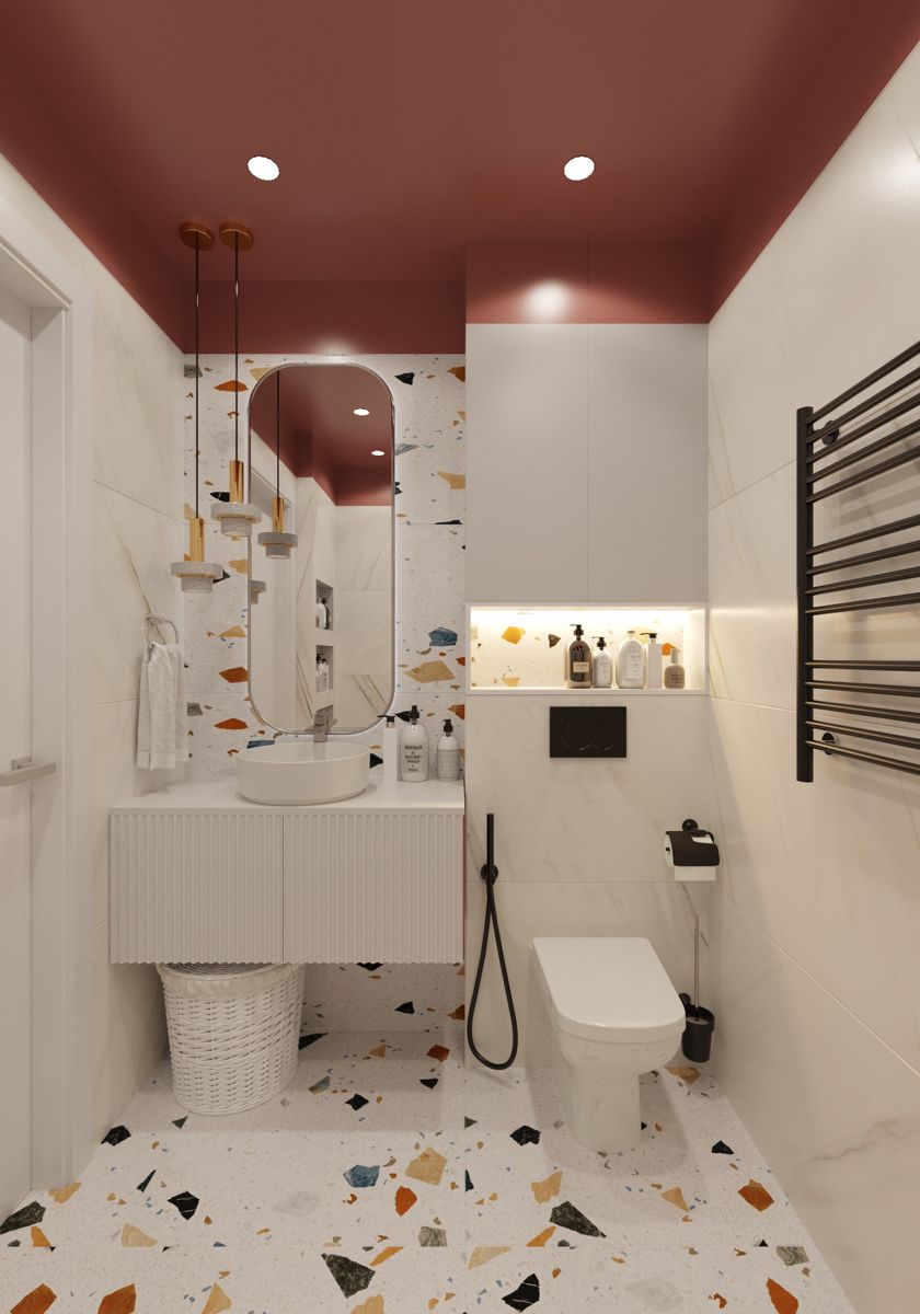 White Bathroom with Terracotta Ceiling