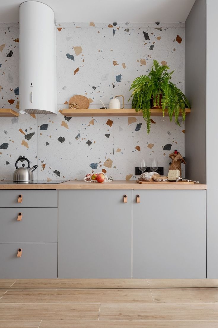 Colorful Terrazzo Tiles for Grey Cabinets